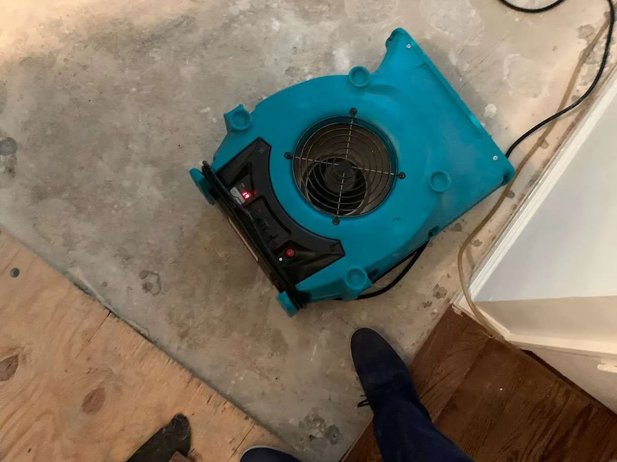 Air mover drying subfloor during Commercial Water Damage Restoration in Linton Hall